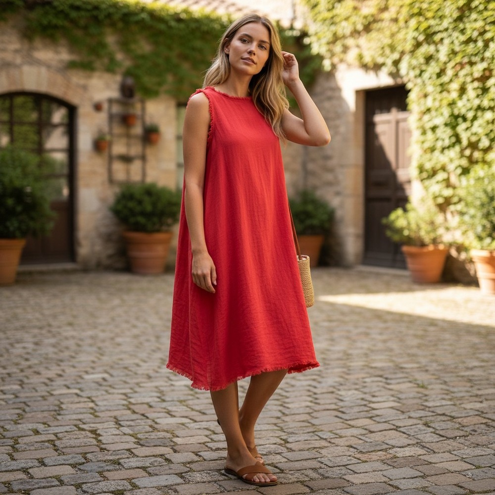 Altar'd State Dress Womens Medium Frayed Hem Red Rayon Sleeveless Swing Boho